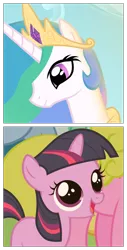 Size: 760x1500 | Tagged: safe, derpibooru import, edit, edited screencap, screencap, princess celestia, twilight sparkle, pony, season 1, the cutie mark chronicles, canterlot, close-up, cropped, cute, dawn, female, filly, filly twilight sparkle, happy, memory, open mouth, smiling, solo focus, summer sun celebration, sunrise, twiabetes, wide eyes, younger