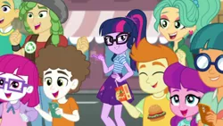 Size: 1920x1080 | Tagged: safe, derpibooru import, screencap, doodle bug, gallop j. fry, garden grove, guy grove, lily longsocks, little red, sandalwood, sci-twi, super funk, twilight sparkle, equestria girls, equestria girls series, street magic with trixie, spoiler:eqg series (season 2), background human, beanie, burger, cheering, clothes, female, food, glasses, grin, hand on hip, hat, juice, juice box, legs, lidded eyes, looking at you, magic, male, mobile phone, open mouth, phone, ponytail, shirt, skirt, smartphone, smiling, smirk, smug, smuglight sparkle, street, t-shirt, telekinesis, vest