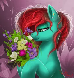 Size: 1000x1050 | Tagged: safe, artist:the1xeno1, derpibooru import, oc, unofficial characters only, pony, female, flower, jewelry, mare, smiling, solo