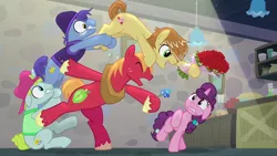 Size: 1280x720 | Tagged: safe, derpibooru import, screencap, big macintosh, feather bangs, glamor trot, smooth vibes, stereo mix, sugar belle, earth pony, pony, unicorn, hard to say anything, backup dancers, battle for sugar belle, cutie mark, female, hooves, male, mare, shipping, stallion, straight, sugarbangs, sugarmac