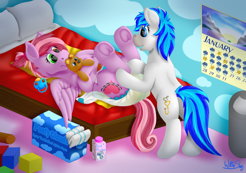 Size: 2500x1767 | Tagged: questionable, artist:wittleskaj, derpibooru import, oc, oc:hooklined, pegasus, pony, adult foal, bed, blocks, calendar, cute, diaper, diaper change, diaper fetish, diaper package, diaper pail, female, fetish, foal powder, frog (hoof), laying on bed, lying down, mare, ocbetes, on bed, pacifier, plushie, teddy bear, underhoof, wet diaper