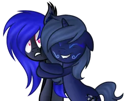 Size: 1110x890 | Tagged: safe, artist:bloodlover2222, derpibooru import, oc, oc:crescent, unofficial characters only, bat pony, pony, unicorn, female, hug, mare, simple background, transparent background