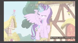 Size: 1101x611 | Tagged: safe, derpibooru import, starlight glimmer, alicorn, pony, alicornified, derp, fake, fake leak, fake screencap, faker than a three dollar bill, flying, frown, glowing horn, horn, lidded eyes, low quality, open mouth, photoshop, race swap, solo, spread wings, starlicorn, wings, xk-class end-of-the-world scenario