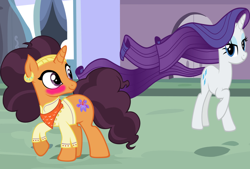 Size: 1600x1079 | Tagged: safe, artist:cloudyglow, artist:ktd1993, artist:sofunnyguy, derpibooru import, rarity, saffron masala, pony, blushing, female, flowing hair, lesbian, raffron, shipping