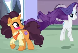 Size: 1600x1079 | Tagged: safe, artist:cloudyglow, artist:ktd1993, artist:sofunnyguy, derpibooru import, rarity, saffron masala, pony, blushing, female, flowing hair, lesbian, raffron, shipping