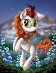 Size: 1576x2060 | Tagged: artist:thebowtieone, autumn blaze, awwtumn blaze, bipedal, cloven hooves, colored hooves, cute, derpibooru import, female, flower, foal's breath, kirin, looking at you, safe, solo, sounds of silence
