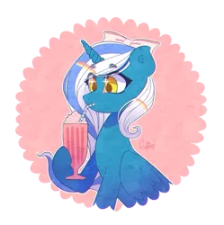 Size: 893x895 | Tagged: safe, artist:svpernxva, derpibooru import, oc, oc:fleurbelle, alicorn, pony, adorabelle, adorable face, alicorn oc, bow, cute, drink, drinking, drinking glass, drinking straw, female, glass, hair bow, horn, long hair, long mane, mare, pink background, ribbon, simple background, straw, sweet, wings, yellow eyes