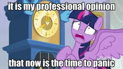 Size: 1920x1080 | Tagged: safe, derpibooru import, edit, edited screencap, screencap, twilight sparkle, twilight sparkle (alicorn), alicorn, pony, school raze, caption, clock, faic, female, flying, grandfather clock, image macro, mare, meme, monsters inc., panicking, reaction image, solo, text