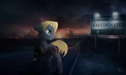 Size: 1663x1000 | Tagged: semi-grimdark, artist:reterica, derpibooru import, ponified, earth pony, pony, blood, city, clothes, crossover, fire, injured, leon s. kennedy, night, raccoon city, resident evil, road, solo, uniform