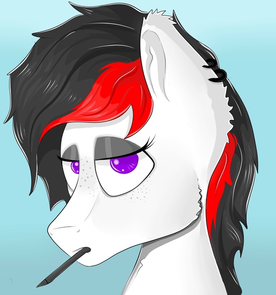 Size: 4546x4841 | Tagged: safe, artist:waffletheheadmare, derpibooru import, oc, oc:toasty, unofficial characters only, earth pony, pony, absurd resolution, black mane, bust, ear fluff, ear piercing, earring, eyelashes, eyeshadow, female, fluffy, freckles, half-closed eyes, jewelry, makeup, mare, multicolored hair, multicolored mane, pen, pen in mouth, piercing, portrait, purple eyes, red mane, simple background