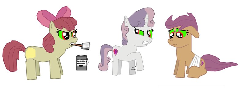 Size: 3624x1328 | Tagged: safe, artist:megasean45, derpibooru import, apple bloom, scootaloo, sweetie belle, pony, leak, spoiler:s09, angry, bad apple, bandage, brainwashed, cursed, cutie mark, cutie mark crusaders, evil, fake, fanart, flightless, green eyes, paint, sad, sombra eyes, the cmc's cutie marks, theory