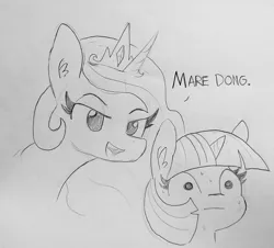 Size: 1593x1440 | Tagged: suggestive, artist:tjpones, derpibooru import, princess celestia, twilight sparkle, alicorn, pony, black and white, bust, dialogue, ear fluff, female, grayscale, implied futa, implied penis, lineart, mare, mare dong, monochrome, open mouth, simple background, sweat, sweating profusely, traditional art