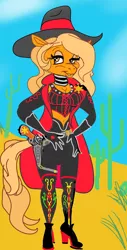 Size: 696x1366 | Tagged: anthro, applejack, artist:georgieganarf, belly button, black hat, boots, clothes, collar, corset, derpibooru import, desert, dominatrix, female, fetish, gloves, gun, handgun, hand on hip, heeled boots, holster, leather, leather coat, lidded eyes, looking at you, midriff, missing cutie mark, pistol, plantigrade anthro, sheriff, sheriffjack, shoes, smiling, solo, solo female, suggestive, thigh boots, weapon, wrong eye color, yellow eyes