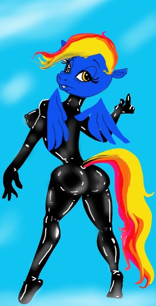 Size: 696x1366 | Tagged: anthro, artist:georgieganarf, ass, bodysuit, breasts, busty rainbow dash, butt, catsuit, derpibooru import, erect nipples, female, fetish, hips, latex, latex suit, looking at you, looking back, looking back at you, missing cutie mark, needs more saturation, nipple outline, plantigrade anthro, pose, questionable, rainbow dash, rubber, rubber suit, shiny, simple background, sky background, smiling, solo, solo female, waist, wide hips, wrong eye color, yellow eyes