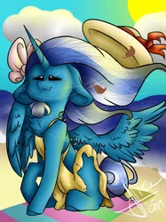 Size: 1280x1707 | Tagged: safe, artist:thecheekycherry, derpibooru import, oc, oc:fleurbelle, alicorn, pony, alicorn oc, beach, beach hair, beach towel, bow, cloud, female, hair bow, hat, horn, long hair, long mane, long tail, mare, ocean, ribbon, sand, seaside, sun, wind, wings