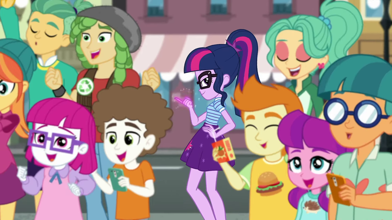 Size: 1920x1080 | Tagged: safe, derpibooru import, screencap, doodle bug, gallop j. fry, garden grove, guy grove, lily longsocks, little red, orange sunrise, sandalwood, sci-twi, super funk, twilight sparkle, hedgehog, equestria girls, equestria girls series, street magic with trixie, spoiler:eqg series (season 2), background human, beanie, burger, cheering, clothes, eyes closed, female, food, glasses, hand on hip, hat, jeans, juice, juice box, legs, lidded eyes, magic, male, mobile phone, open mouth, pants, phone, ponytail, pose, shirt, skirt, smartphone, smiling, smirk, smug, smuglight sparkle, street, t-shirt, telekinesis, vest