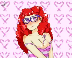 Size: 2450x2000 | Tagged: artist:aleeshah13, blushing, breasts, busty twist, candy, derpibooru import, female, food, glasses, human, humanized, imminent nudity, light skin, older, smiling, solo, solo female, suggestive, twist, undressing