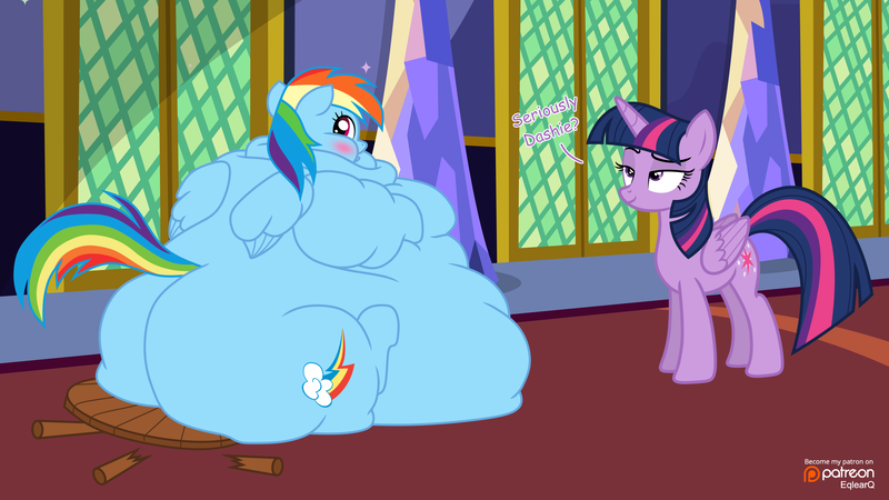 Size: 4444x2500 | Tagged: questionable, artist:eqlearq, derpibooru import, rainbow dash, twilight sparkle, twilight sparkle (alicorn), alicorn, pegasus, pony, belly, big belly, bingo wings, blushing, butt, comic sans, dialogue, dreamworks face, duo, fat, fat wings, female, females only, furniture abuse, high res, huge belly, huge butt, impossibly large belly, impossibly large butt, large butt, morbidly obese, neck roll, obese, patreon, patreon logo, rainblob dash, rear view, rolls of fat, tubby wubby pony waifu, twilight's castle, wings