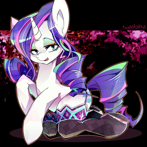 Size: 1200x1196 | Tagged: safe, artist:tyuubatu, derpibooru import, rarity, pony, unicorn, clothes, female, looking at you, mare, socks, solo, thigh highs, tongue out