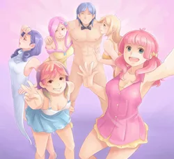 Size: 1400x1280 | Tagged: abs, alternate universe, applejack, armpits, artist:ninjaham, breasts, cleavage, clothed female nude male, clothes, cockblock, derpibooru import, dress, female, flutterarmor, fluttershy, harem, human, humanized, infidelity, infidelity armor, lucky bastard, male, miniskirt, pinkie pie, rainbow dash, rariarmor, rarity, series:my little shining, shining armor, shining armor gets all the mares, shiningdash, shiningjack, shiningpie, shipping, skirt, straight, suggestive