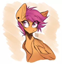 Size: 1280x1311 | Tagged: safe, artist:avimod, derpibooru import, scootaloo, pegasus, pony, cute, cutealoo, ear fluff, ear piercing, eye clipping through hair, female, mare, no nose, older, older scootaloo, piercing, solo