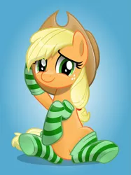 Size: 2119x2830 | Tagged: safe, artist:jhayarr23, derpibooru import, applejack, earth pony, pony, clothes, commission, cute, female, gradient background, jackabetes, looking at you, mare, sitting, smiling, socks, solo, striped socks