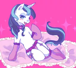 Size: 850x770 | Tagged: suggestive, artist:tsukuda, derpibooru import, shining armor, pony, unicorn, blushing, choker, clothes, crossdressing, femboy, garters, image, lingerie, male, panties, png, sexy armor, shining femboy armor, smiling, socks, solo, solo male, stallion, trap, underwear