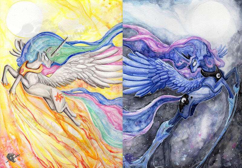 Size: 2932x2045 | Tagged: safe, artist:lord-furfur, derpibooru import, princess celestia, princess luna, pony, day, duo, duo female, female, flying, glowing eyes, moon, night, royal sisters, spread wings, sun, traditional art, watercolor painting, wings