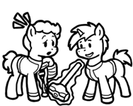 Size: 188x150 | Tagged: safe, artist:crazyperson, derpibooru import, pony, unicorn, fallout equestria, fallout equestria: commonwealth, black and white, clothes, crutches, duo, fanfic art, generic pony, grayscale, hammer, magic, magic aura, monochrome, picture for breezies, simple background, sledgehammer, telekinesis, transparent background, vault suit