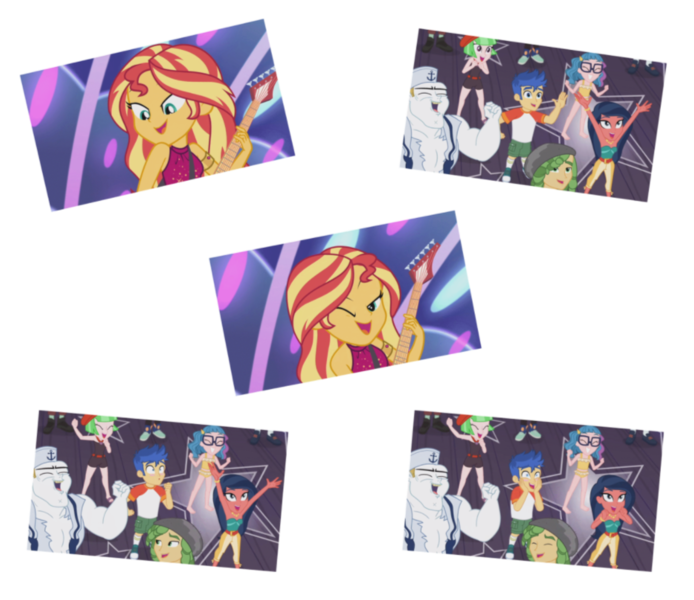 Size: 1067x922 | Tagged: safe, derpibooru import, screencap, bulk biceps, desert sage, doodle bug, drama letter, flash sentry, mile hill, sandalwood, sunset shimmer, technicolor waves, waldo whereabout, watermelody, equestria girls, equestria girls series, spring breakdown, spoiler:eqg series (season 2), :o, background human, blushing, clothes, converse, cute, diasentres, female, flashimmer, implied flashimmer, implied shipping, implied straight, male, one eye closed, open mouth, photo, shipping, shipping fuel, shoes, simple background, sleeveless, starry eyes, straight, swimsuit, transparent background, wingding eyes, wink