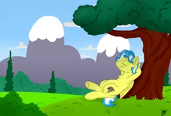 Size: 2200x1500 | Tagged: safe, artist:takutanuvataio, derpibooru import, oc, oc:arty quill, unofficial characters only, pegasus, pony, cloud, female, grass, mountain, nap, sky, solo, tree