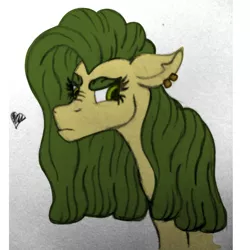 Size: 2500x2500 | Tagged: safe, artist:thr3eguess3s, derpibooru import, oc, oc:apple core, unofficial characters only, pony, bust, ear piercing, eyebrows, female, floppy ears, heart, mare, mixed media, offspring, parent:big macintosh, parent:limestone pie, parents:limemac, piercing, scowl, solo