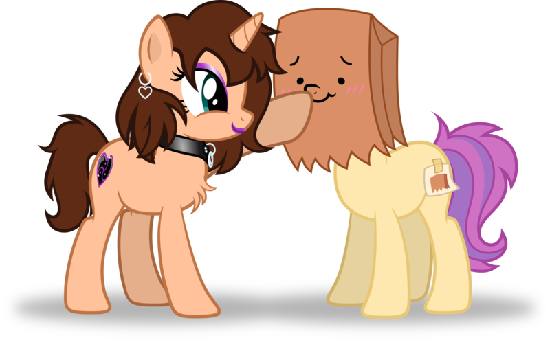 Size: 4851x3000 | Tagged: safe, artist:applec1234, deleted from derpibooru, derpibooru import, oc, oc:chloe adore, oc:paper bag, earth pony, pony, unicorn, blushing, boop, choker, collar, cute, ear piercing, earring, eyeshadow, fake cutie mark, female, jewelry, lipstick, makeup, mare, ocbetes, paper bag, piercing, scrunchy face, simple background, smiling, transparent background, wavy mouth
