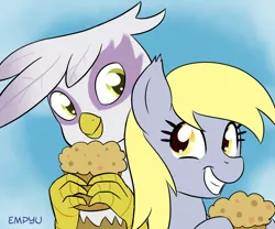 Size: 1000x833 | Tagged: safe, artist:empyu, derpibooru import, derpy hooves, gilda, gryphon, pegasus, pony, abstract background, bust, duo, duo female, ear fluff, female, food, hoof hold, looking at each other, mare, muffin, signature, smiling