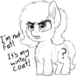 Size: 1848x1849 | Tagged: safe, artist:smoldix, derpibooru import, oc, oc:anonfilly, unofficial characters only, earth pony, pony, dialogue, ear fluff, female, filly, fluffy, frown, grayscale, monochrome, open mouth, simple background, solo, white background, winter coat, winter fluff