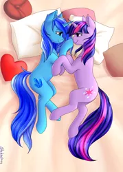 Size: 1794x2500 | Tagged: safe, artist:deltahedgehog, derpibooru import, twilight sparkle, oc, oc:spacelight, pony, unicorn, bed, boop, canon x oc, eye contact, female, lesbian, looking at each other, mare, pillow, shipping, smiling, unicorn twilight