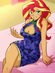 Size: 2160x2880 | Tagged: suggestive, alternate version, artist:fantasyblade, derpibooru import, sunset shimmer, human, equestria girls, bed, blushing, boob window, breasts, cheongsam, cleavage, clothes, female, sitting, smiling, solo