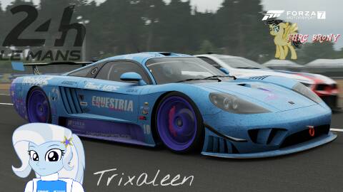 Size: 480x270 | Tagged: safe, artist:forzaveteranenigma, derpibooru import, trixie, pony, fanfic:equestria motorsports, equestria girls, 24h le mans, bmw, bmw m8, bmw m8 gte, car, driving, europe, forza motorsport 7, france, photo, racing, saleen, saleen s7, watermark