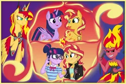 Size: 5063x3375 | Tagged: safe, artist:spinoffjoe, derpibooru import, sci-twi, sunset shimmer, twilight sparkle, twilight sparkle (alicorn), alicorn, pony, unicorn, fanfic:long road to friendship, fanfic:sunset of time, equestria girls, alicorn amulet, alicornified, fanfic art, female, lesbian, looking at each other, race swap, scitwishimmer, shimmercorn, shipping, slit eyes, sunset satan, sunsetsparkle