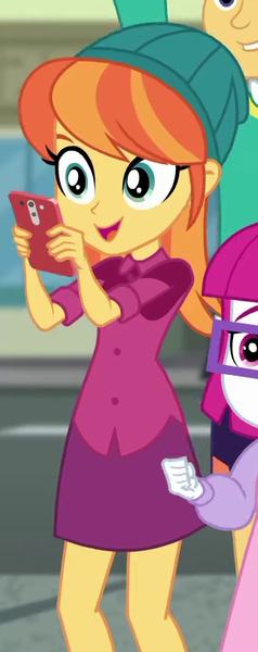 Size: 341x861 | Tagged: safe, derpibooru import, screencap, guy grove, little red, orange sunrise, equestria girls, equestria girls series, street magic with trixie, spoiler:eqg series (season 2), background human, beanie, clothes, cropped, female, hat, legs, miniskirt, mobile phone, phone, skirt, smartphone, smiling