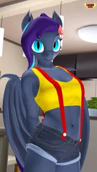 Size: 1080x1920 | Tagged: safe, artist:loveslove, derpibooru import, oc, oc:noctilucent, anthro, bat pony, 3d, bat ears, bat pony oc, bat wings, belly button, clothes, cosplay, costume, crossover, female, hands behind back, misty brightdawn, pokémon, shorts, slit eyes, solo, suspenders, tanktop, wings