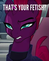 Size: 651x797 | Tagged: safe, derpibooru import, edit, edited screencap, screencap, tempest shadow, pony, unicorn, my little pony: the movie, broken horn, caption, eye scar, female, horn, image macro, impact font, mare, meme, scar, solo, subverted meme, text, that is my fetish