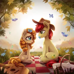 Size: 3000x3000 | Tagged: safe, artist:inowiseei, derpibooru import, bright mac, pear butter, butterfly, earth pony, pony, the perfect pear, acoustic guitar, applejack's parents, brightabetes, brightbutter, commission, cowboy hat, cute, daaaaaaaaaaaw, ear fluff, eye contact, female, flower, flower in hair, grin, guitar, happy, hat, husband and wife, looking at each other, male, mare, mouth hold, musical instrument, pearabetes, picnic, romantic, shipping, smiling, stallion, straight, sweet dreams fuel, unshorn fetlocks