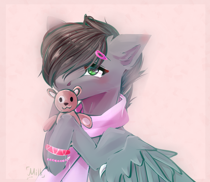 Size: 3248x2823 | Tagged: safe, artist:milk, derpibooru import, oc, oc:dante fly, unofficial characters only, hybrid, pony, abstract background, bust, clothes, cute, ear fluff, hairpin, half bat pony, leg hold, male, ocbetes, plushie, scarf, signature, solo, stallion, wing claws, wings, wristband