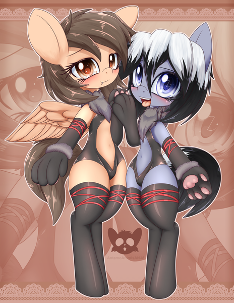 Size: 1932x2500 | Tagged: safe, artist:an-m, derpibooru import, oc, oc:horo, oc:natee, unofficial characters only, earth pony, pegasus, pony, bipedal, blank flank, blushing, cat paws, clothes, cosplay, costume, fangs, fate/kaleid liner prisma illya, female, holding hooves, looking at you, mare, paw gloves, paws, socks, tongue out, zoom layer