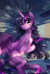 Size: 1240x1835 | Tagged: suggestive, artist:tingsan, derpibooru import, twilight sparkle, twilight sparkle (alicorn), alicorn, pony, bed, cutie mark, female, hooves, looking at you, mare, messy mane, solo, wings