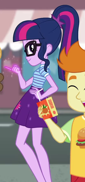 Size: 415x888 | Tagged: safe, derpibooru import, screencap, gallop j. fry, sci-twi, twilight sparkle, equestria girls, equestria girls series, street magic with trixie, spoiler:eqg series (season 2), cropped, juice, juice box, looking at you, orange juice, pose, smug, smuglight sparkle