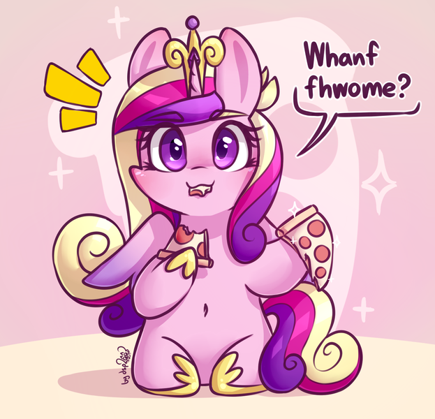 Size: 1330x1280 | Tagged: safe, artist:dsp2003, derpibooru import, princess cadance, alicorn, pony, abstract background, belly button, bipedal, blushing, chibi, comic, cute, cutedance, female, food, full mouth, looking at you, mare, meat, peetzer, pepperoni, pepperoni pizza, pizza, ponies eating meat, salami, signature, single panel, sitting, that pony sure does love pizza, this will end in weight gain