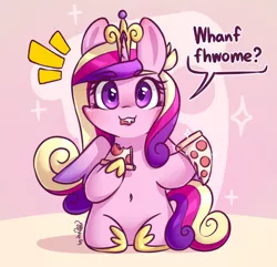 Size: 1330x1280 | Tagged: safe, artist:dsp2003, derpibooru import, princess cadance, alicorn, pony, abstract background, belly button, bipedal, blushing, chibi, comic, cute, cutedance, female, food, full mouth, looking at you, mare, meat, peetzer, pepperoni, pepperoni pizza, pizza, ponies eating meat, salami, signature, single panel, sitting, that pony sure does love pizza, this will end in weight gain