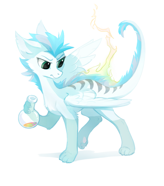 Size: 813x922 | Tagged: safe, artist:tomatocoup, derpibooru import, oc, oc:patch, unofficial characters only, dracony, dragon, feathered dragon, hybrid, original species, pony, female, flask, fluffy, paws, simple background, solo, spread wings, standing, transparent background, wings